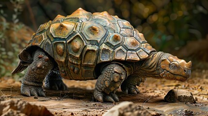 Naklejka premium Close-Up of a Tortoise Walking Through the Forest