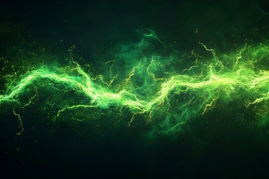 Green energy pulsing and flowing through dark space with glowing particles background