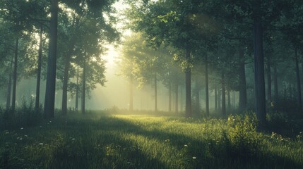 Fototapeta premium A peaceful forest at sunrise, with faint sunlight softly breaking through the mist