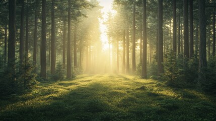 Naklejka premium A peaceful forest at sunrise, with diffused light softly breaking through the mist