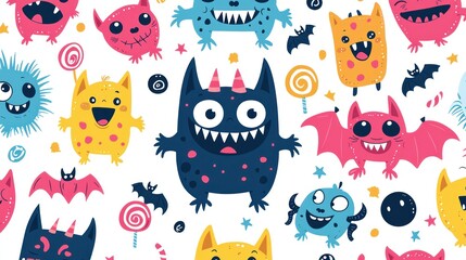 Playful Halloween Monsters and Candy Pattern in 8K Resolution