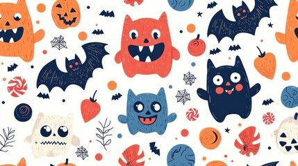 Spooky Fun - Friendly Monsters, Candy, and Bats Halloween Pattern on High Resolution 8K Background