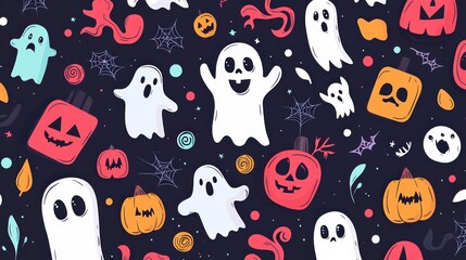 Spooky Fun - Colorful Haunted Houses and Cartoon Ghosts Pattern on Dark Background for Halloween Decor, Kids Entertainment - 8K Resolution