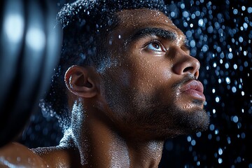 Hyper-realistic close-up of a weightlifter, capturing every drop of sweat, the strain on their muscles, and the intense focus in their eyes as they lift a heavy barbell