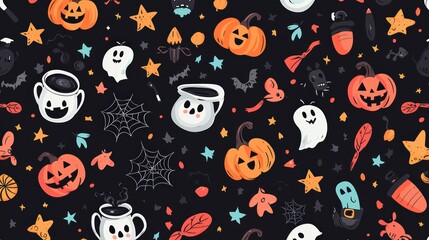 Enchanting Halloween Fun - Playful Witches, Cauldrons, and Magical Stars Repeating Pattern in High Resolution 8K for Kids and Magic Lovers