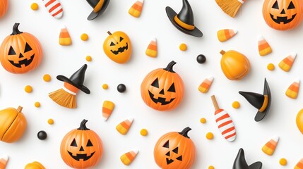 Spooky Fun Delights - Halloween Pumpkin Heads, Candy Corn, and Witches' Brooms Seamless Pattern for Kids in 8K Resolution