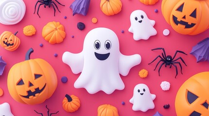 Naklejka premium Happy Halloween Fun for Kids: Colorful Pumpkins, Spiders, and Smiling Ghosts Playful 8K Background