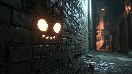Fototapeta premium Eerie Urban Halloween Scene: Glowing Eyes in Dark Alley Shadows