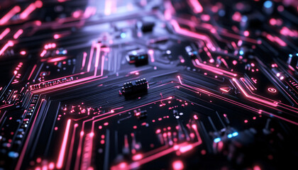Fototapeta premium A close-up of a futuristic circuit board with glowing lines and components, evoking high-tech and digital precision