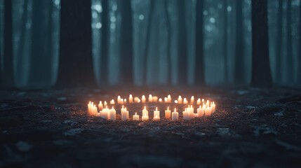 Witchcraft Ritual in Dark Forest: Eerie Scene with Flickering Candles and Mystical Circle.