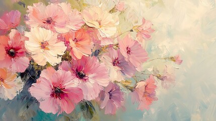 Pastel pink floral explosion, abstract summer flowers, canvas oil painting, soft and dreamy texture, soft light glowing around the flowers, impressionist technique