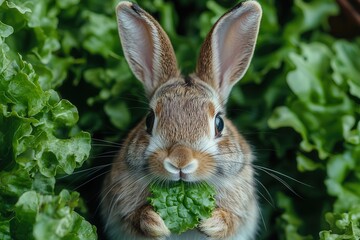 Fototapeta premium Cute Rabbit Holding Fresh Lettuce in a Green Setting