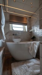 Modern Bathroom Design with White Bathtub and Marble Walls