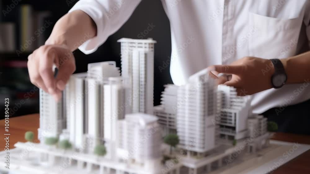 Poster architect is arranging buildings on an architectural model of a city district, using a pen to carefu