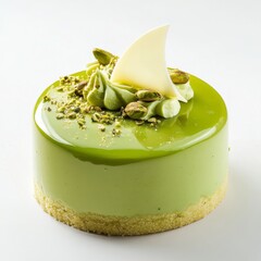 pistachio mousse cake with glazing with white chocolate on top 