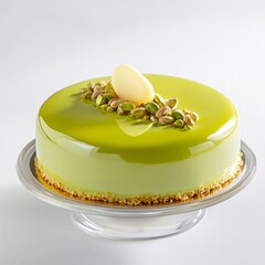 pistachio mousse cake with glazing with white chocolate on top 