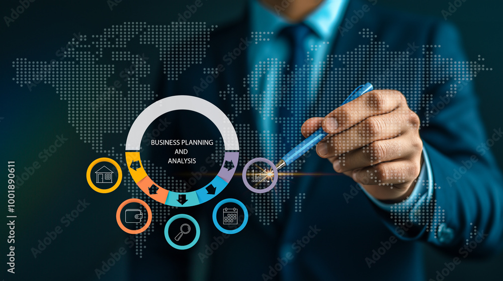 Poster a businessman engages with a digital globe and performance indicators, utilizing a business planning