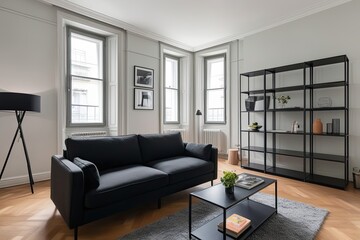 Modern Open-Concept Studio Featuring Charcoal Black Sofa Versatile Shelving Unit and Abundant Natural Light