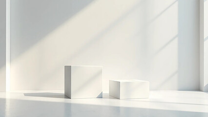 White square podiums in sunlight with shadow in white space, widescreen 16:9, 300 dpi, with free space for text