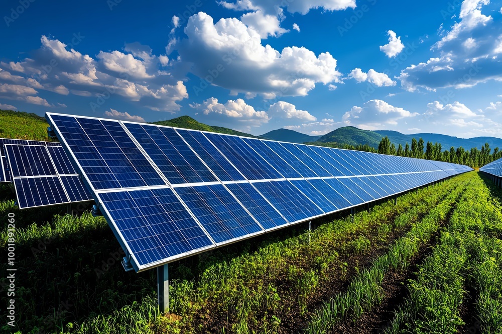 Poster interactive 3d model of a solar farm, where users can explore each solar panel, seeing how it absorb