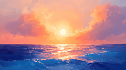 Fototapeta premium Atmospheric, impressionistic painting of a serene sunset over the ocean, contemporary, atmospheric, visual poetry. Visual Poetry. Illustration