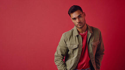 Fototapeta premium Young man in a green jacket and red t-shirt standing against a red background, leaning slightly and looking thoughtfully at the camera with a casual yet fashionable style