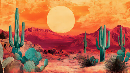Cactus plants and sunset in mexico desert, art collage style poster, retro, vintage, old fashioned, bright colors. Collage Art. Illustration