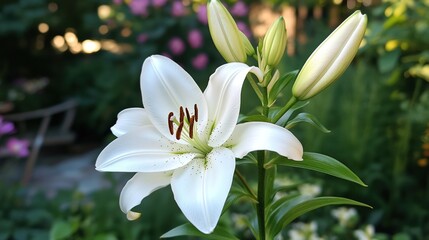 Fototapeta premium A stunning white lily featuring elegant, flowing petals that gracefully unfurl, showcasing intricate details and gentle shading. 