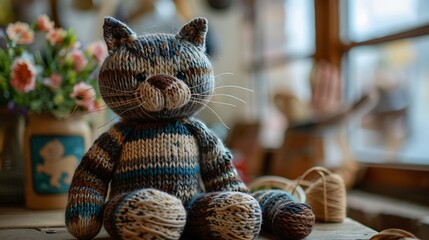 A cat made of wool thread handmade knitted stuffed toy on a wooden table