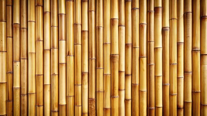 Fototapeta premium Close-up view of a wall made of natural bamboo stalks, showcasing the intricate texture and warm color variations of the wood.