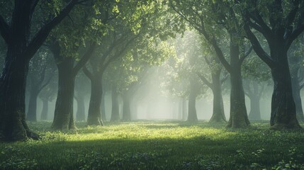 Fototapeta premium A dense forest at daybreak, shrouded in mist