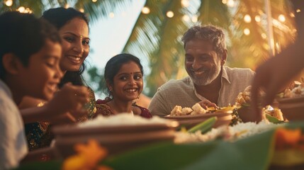 Gathered in festive attire, a family enjoys traditional Pongal dishes surrounded by colorful floral decorations, sharing laughter and joy during the celebration