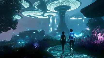 An imaginative depiction of a futuristic travel destination featuring stunning bioluminescent terrain, where the ground and vegetation emit a soft, ethereal glow. Holographic guides float alongside 