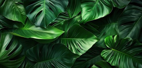 Fototapeta premium Lush green tropical leaves arranged in a natural pattern.