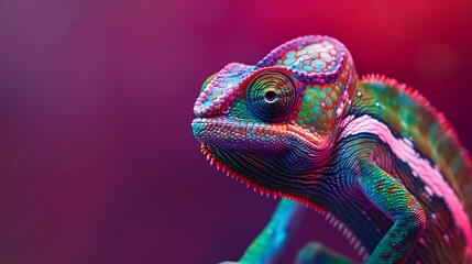 Fototapeta premium A colorful chameleon blending into a red and purple background