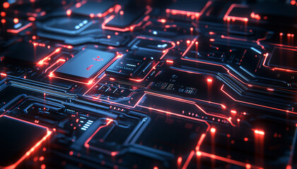 Obraz premium A close-up of a futuristic circuit board with glowing lines and components, evoking high-tech and digital precision