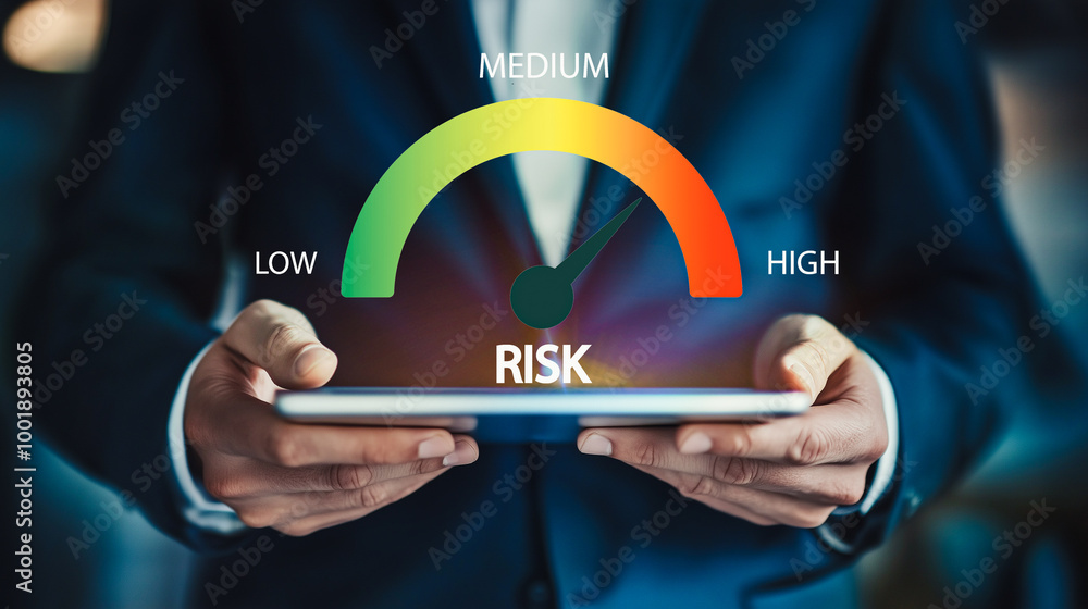 Poster a businessman holds a tablet displaying a risk assessment meter, emphasizing strategic risk manageme