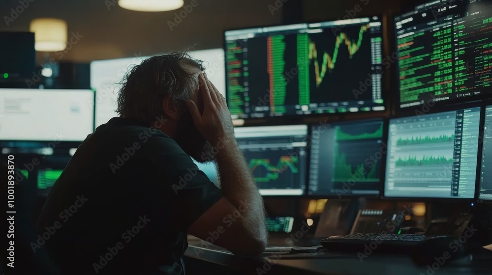 Poster a stock trader in a high-tech trading room clutches his head in disbelief surrounded by multiple scr