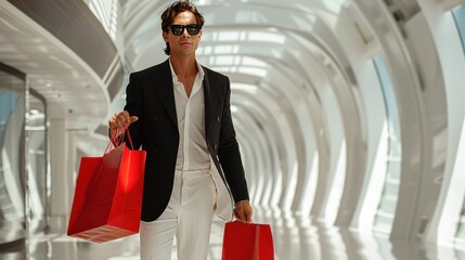 Stylish man with shopping bags in a modern hall