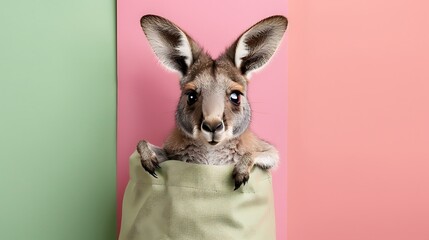 A cute baby kangaroo peeking out of a pouch on a green and pink background