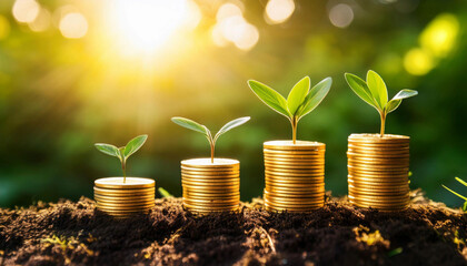image of 4 piles of gold coins with plant shoots on top, with a green garden background with morning sunlight, depicting a circular economy