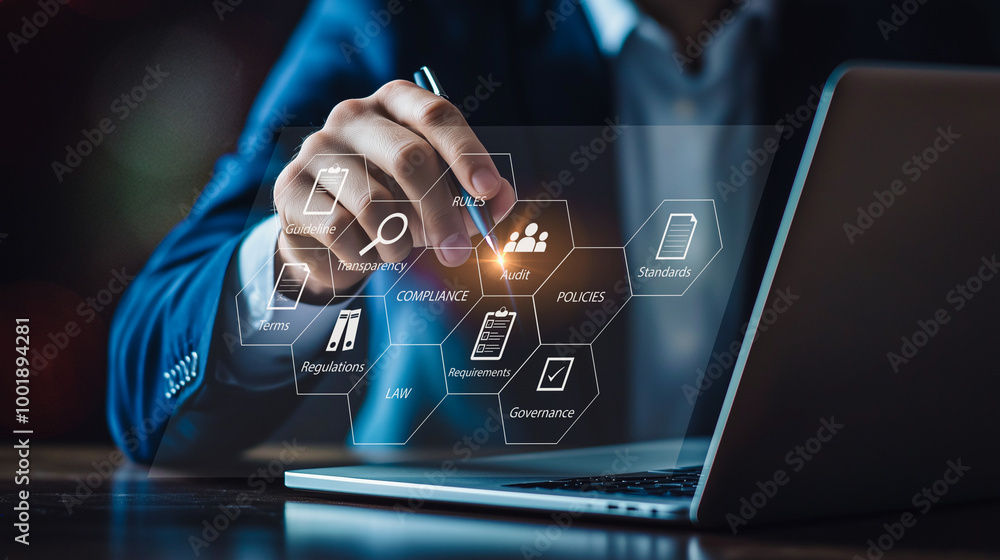 Poster a businessman manipulates a digital interface on a laptop, showcasing advanced data encryption and s
