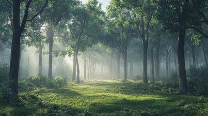 Obraz premium A foggy forest at dawn, with soft light gently filtering through the canopy