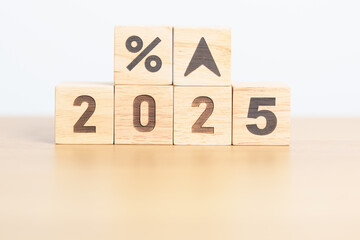 2025 New year with percentage change to UP and Down arrow. Interest rate, GDP, stocks market, financial, deflation and Inflation, mortgage, debt, Loan and Economic Recession