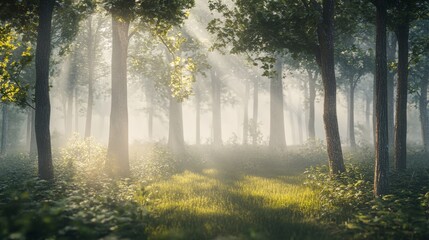 Obraz premium A foggy forest at dawn, with soft rays of sunlight gently filtering through the mist