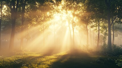 Fototapeta premium A foggy forest at sunrise, with golden rays of sunlight gently filtering through the mist
