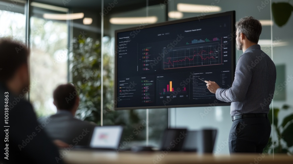 Poster a business professional stands beside a large digital screen displaying colorful financial charts wh