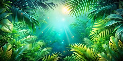 A vibrant and ethereal rainforest with lush foliage and a glowing light emanating from the depths of the jungle