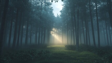Fototapeta premium A foggy forest scene at sunrise, with faint rays of sunlight barely filtering through the mist