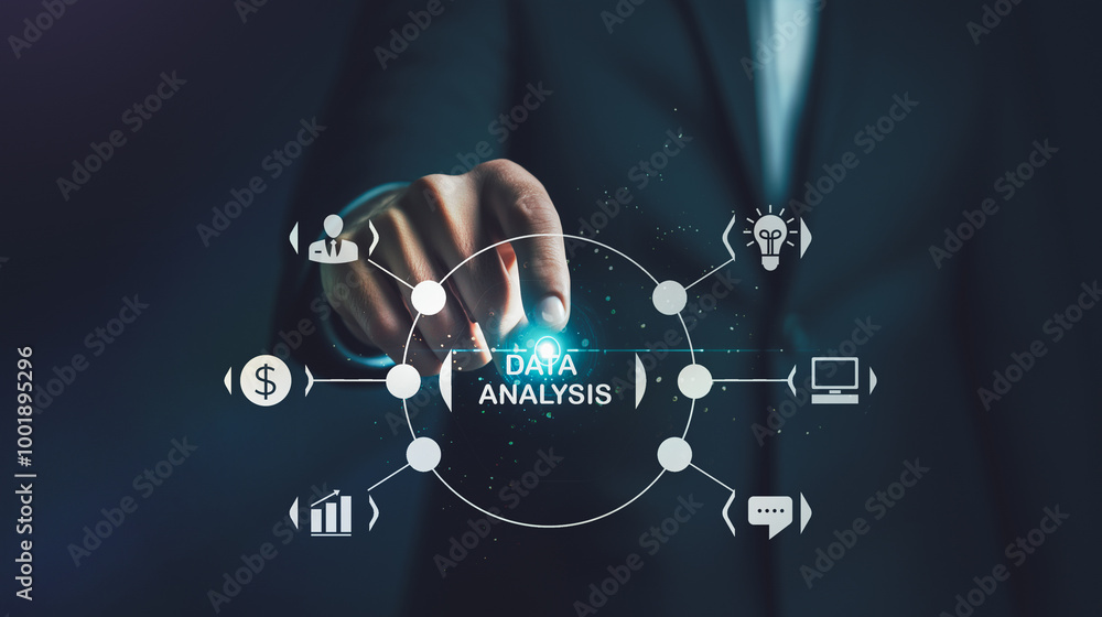 Poster a businessman interacts with a futuristic interface for data analysis, showcasing the role of advanc